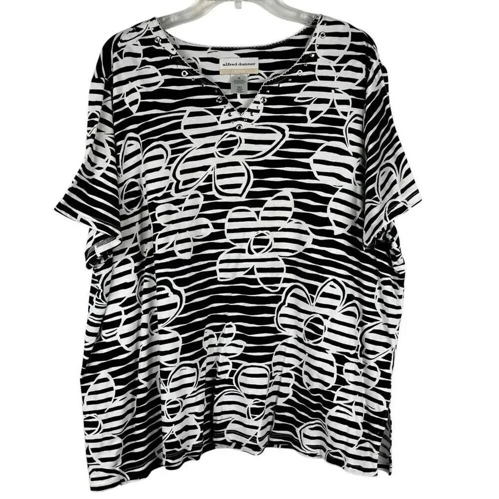 Alfred Dunner Striped Floral Short Sleeve Blouse 2X